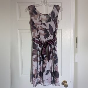 LAST CHANCE Le Chateau Purple Leaf Print Midi Dress With Mesh Overlay, Size XS